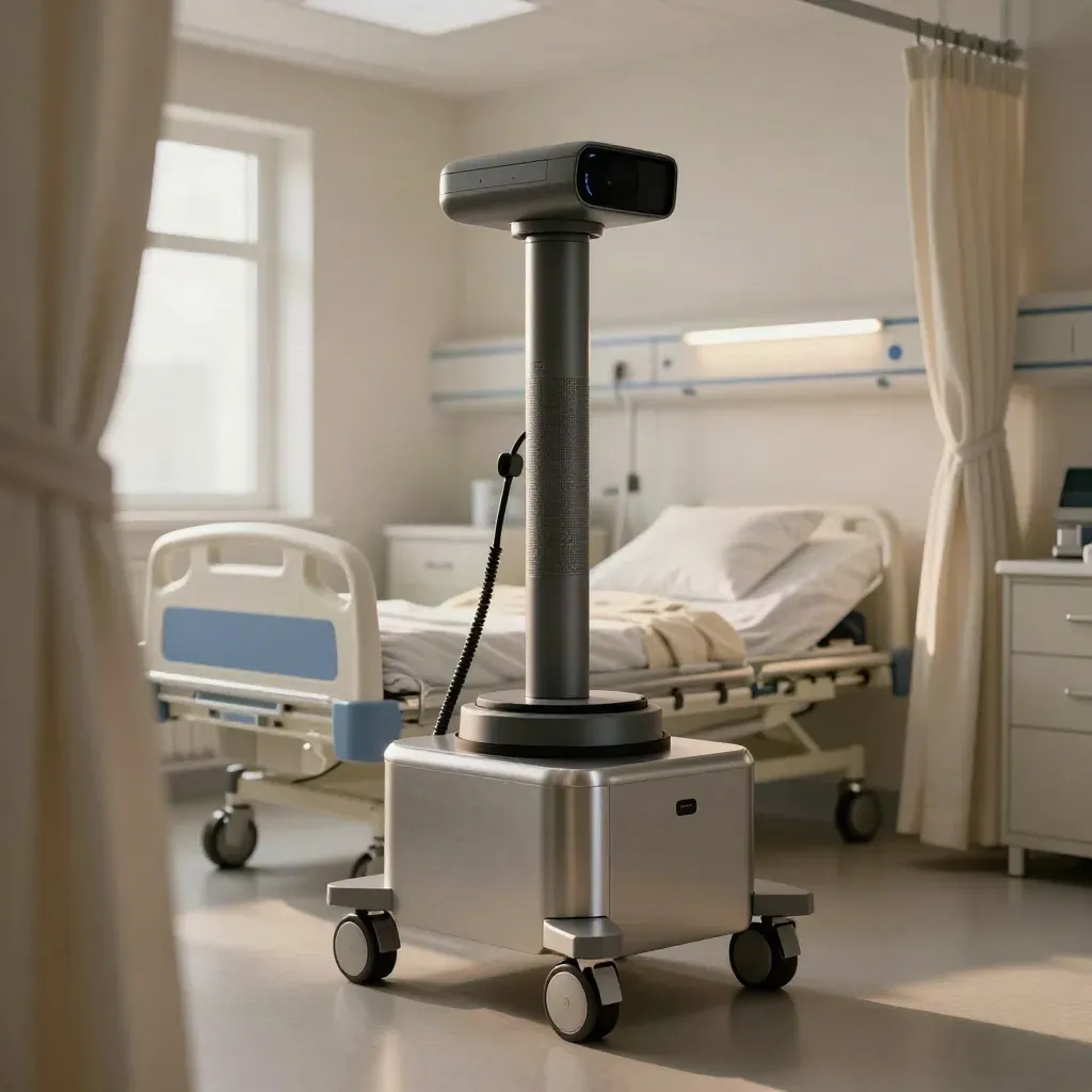 Telepresence ward robot beside an empty bed bay in a calm hospital room