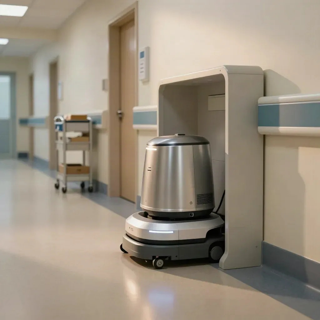 Service robot docking in a quiet Birmingham hospital corridor beside supply alcoves