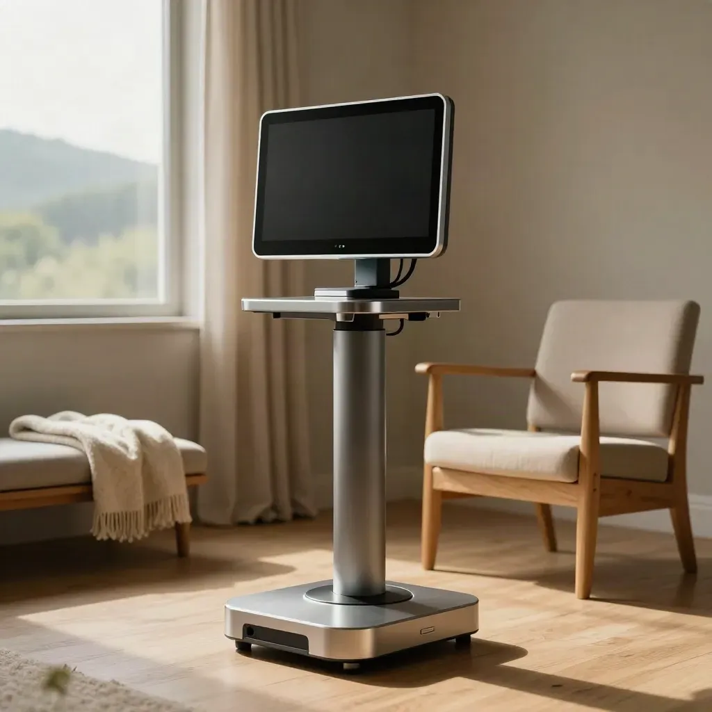Telepresence unit in a quiet consulting room with hills beyond the window and a folded blanket.