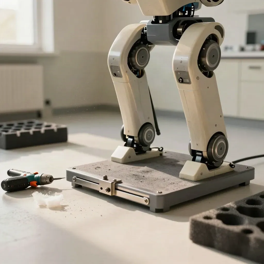 Robot base plate, alignment jig, and torque driver in a clinical training room installation scene.