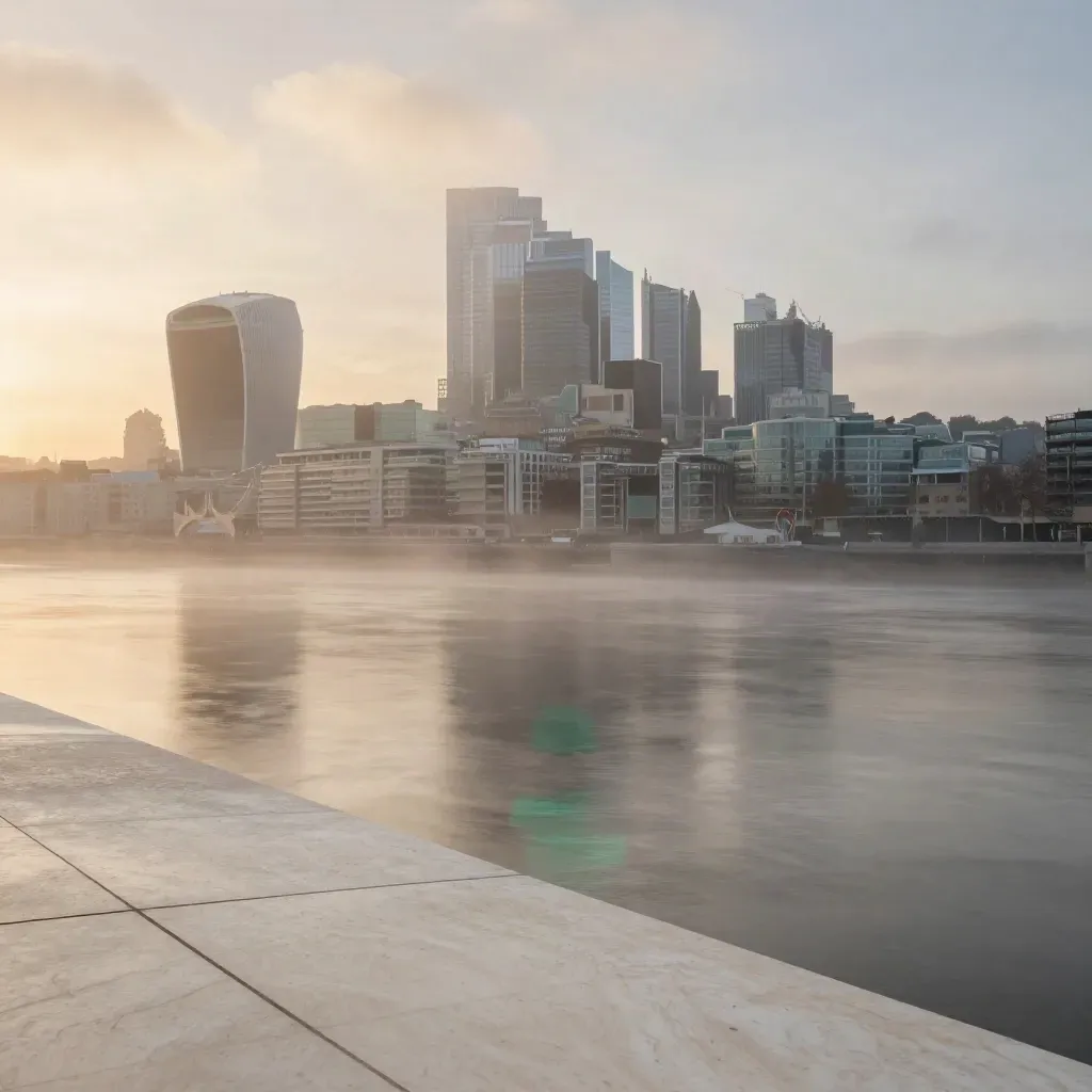 Misty Thames skyline at dawn with calm river and high-rise silhouettes.