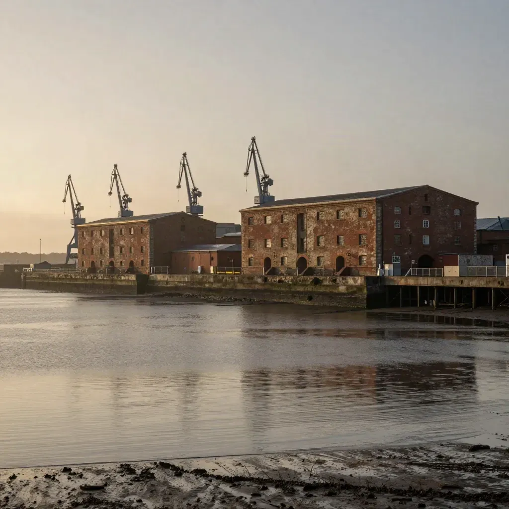 Misty Liverpool docks and warehouses over calm Mersey water at dawn.