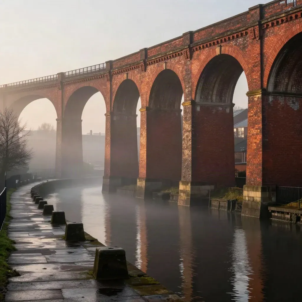 Golden-hour view of Birmingham red-brick viaducts over a misty canal, calm lower frame for copy.
